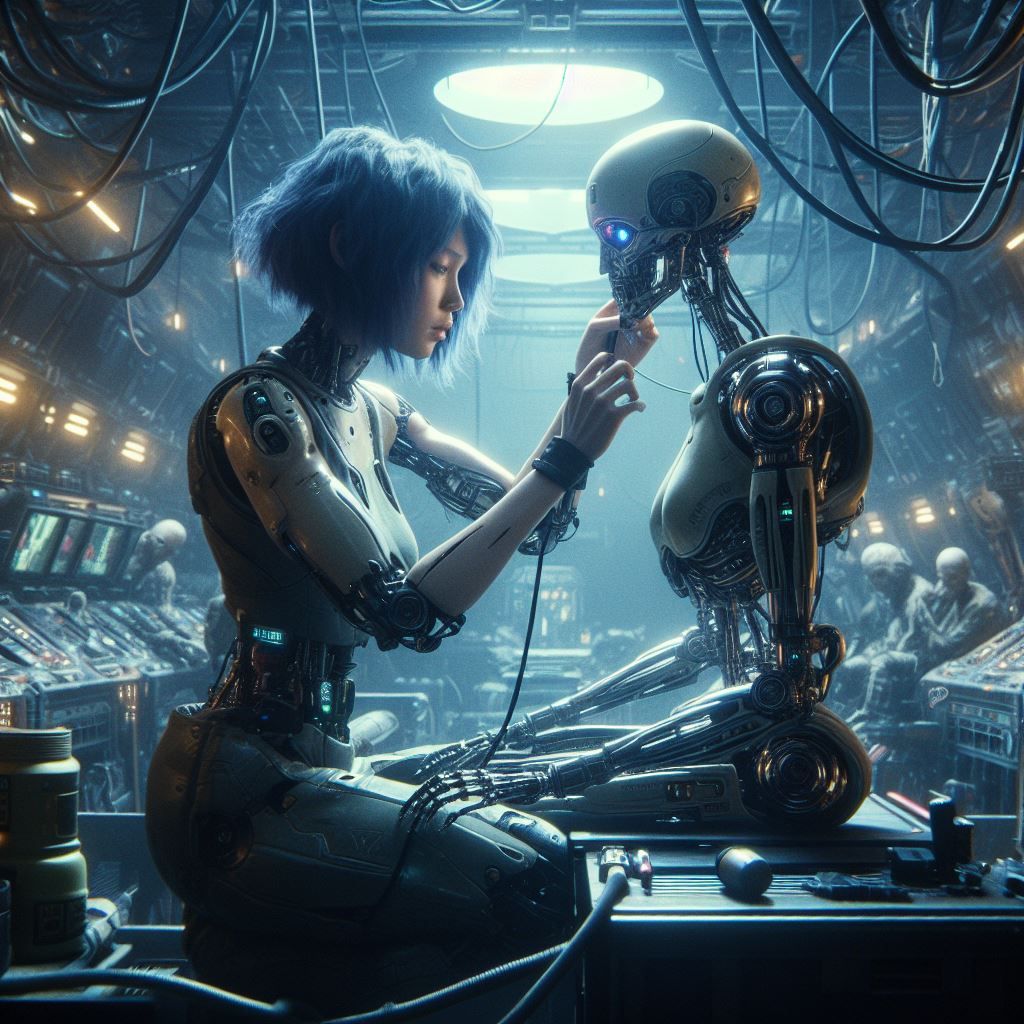 A cyborg repairing a robot