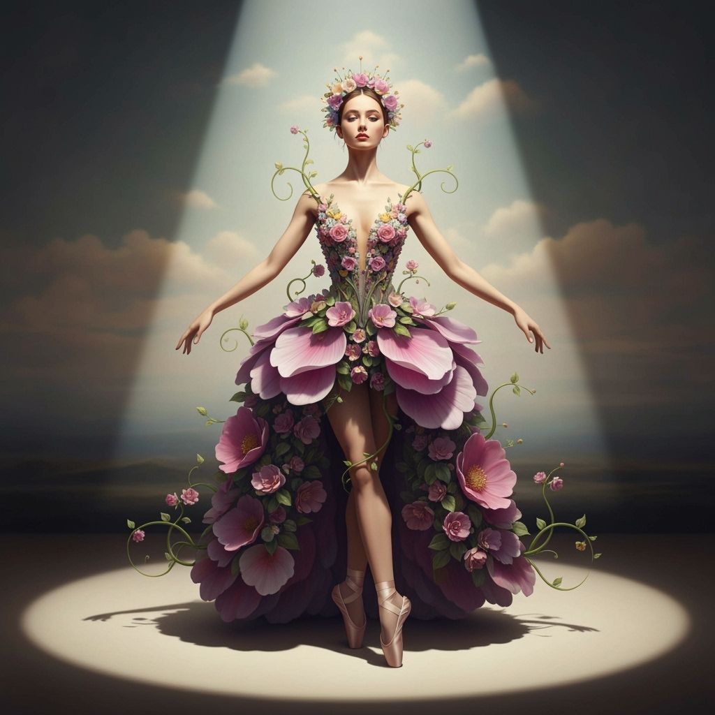 In hyper detail a Ballerina with a surreal flower gowns