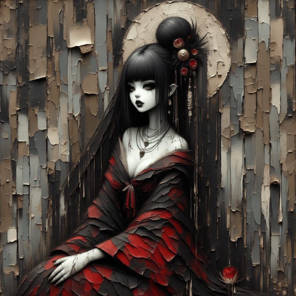 <lora:Moonchild:1.0> <lora:Muted Beauty:1.0> <lora:Goth Grunge Beauty:1.0> heavy extreme smudged oil impasto-style brushwork, An anime manga...