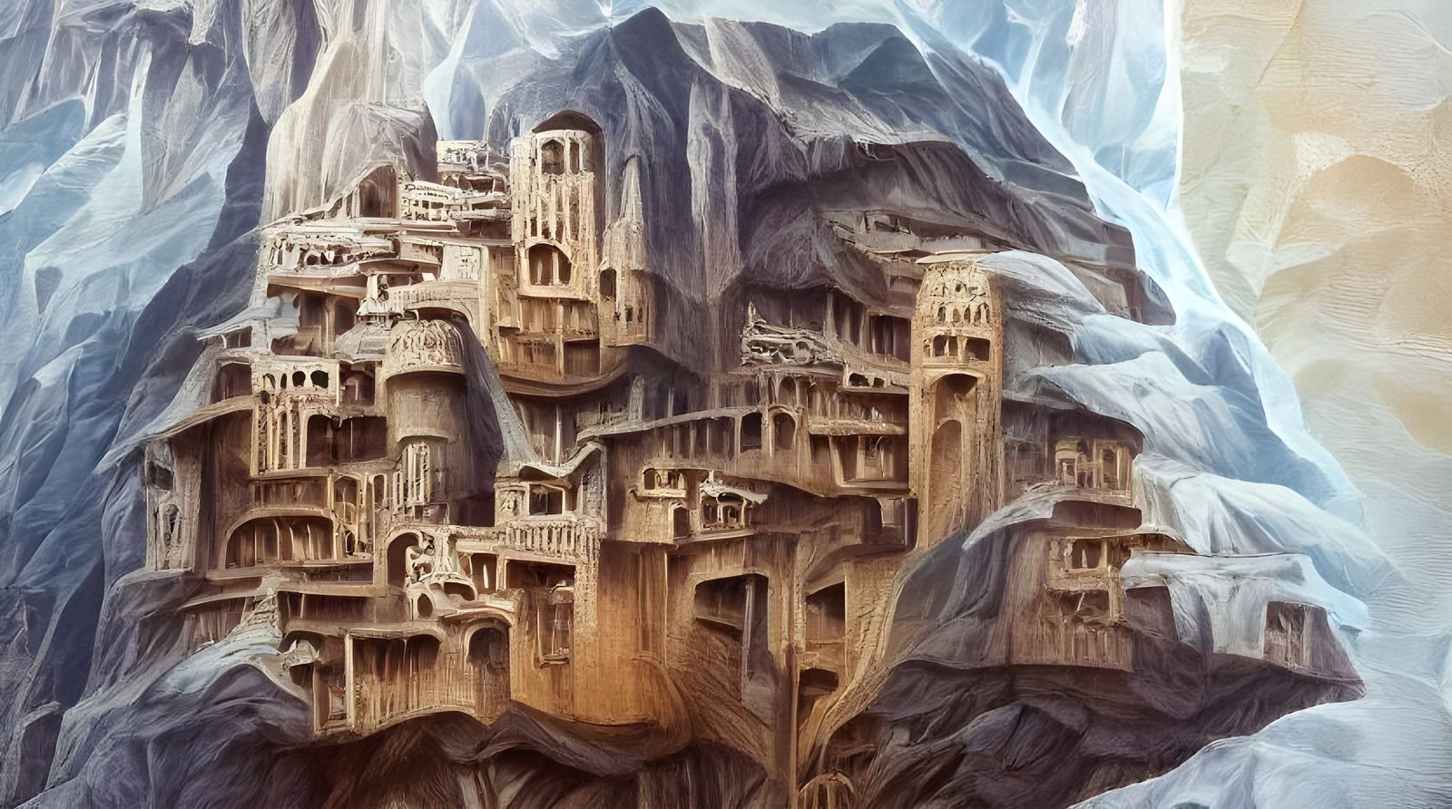 ancient vertical city carved into the mountainside fantasy illustration