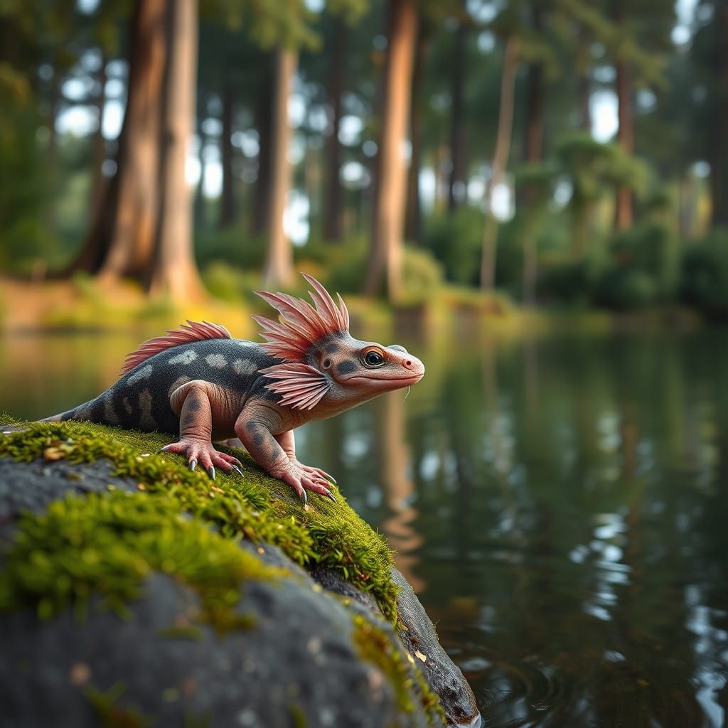 an axolotl looking over a lake  by @Pseudonym