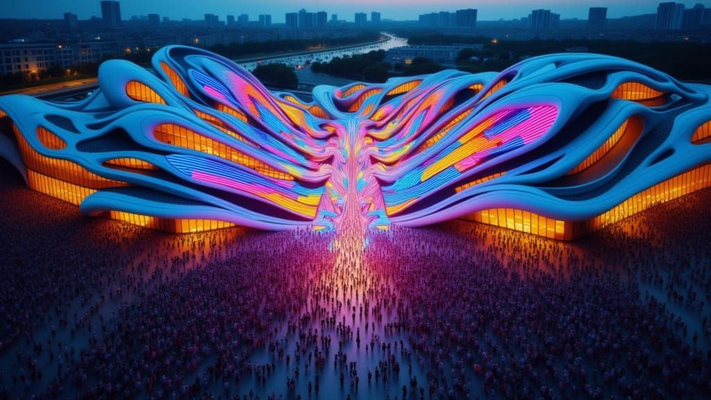 Aerial image of a crowd admiring a neon light show of Mondrian inspired waves in front of an architecture from Zaha Hadid. <lora:Curved Conc...