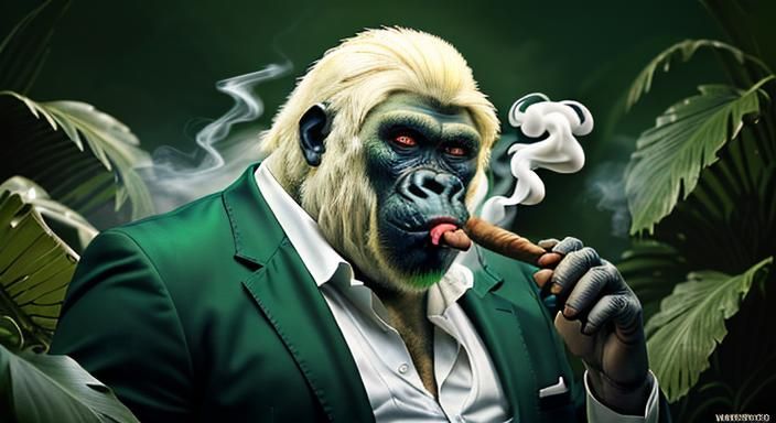 Albino gorilla smoking a big cigar and dinking Brandy, lots ...