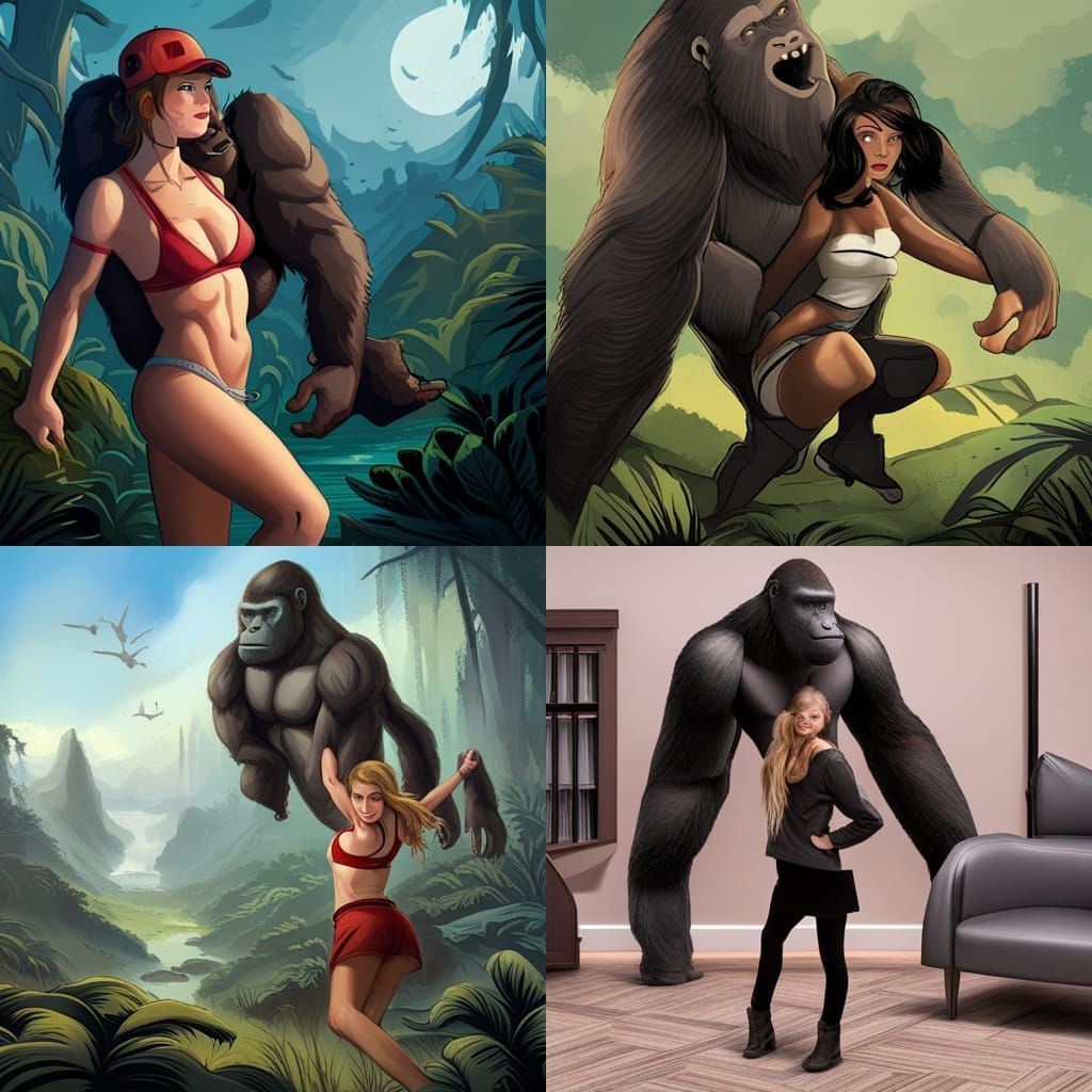 Hot girl carrying overhead a heavy giant gorilla