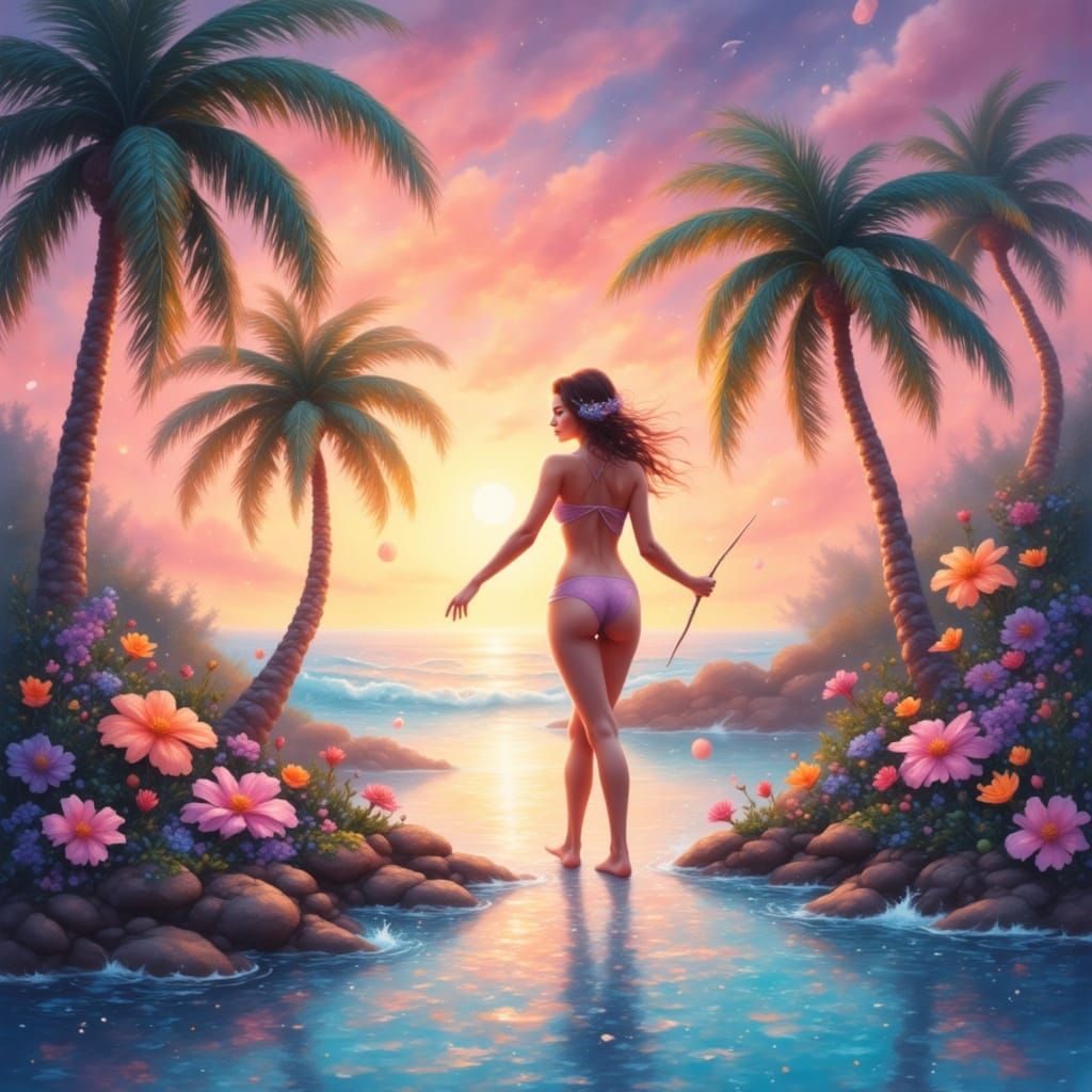 Tropical beach hottie party sunset basking pastel <lora:Pastel Dreams:1.0>