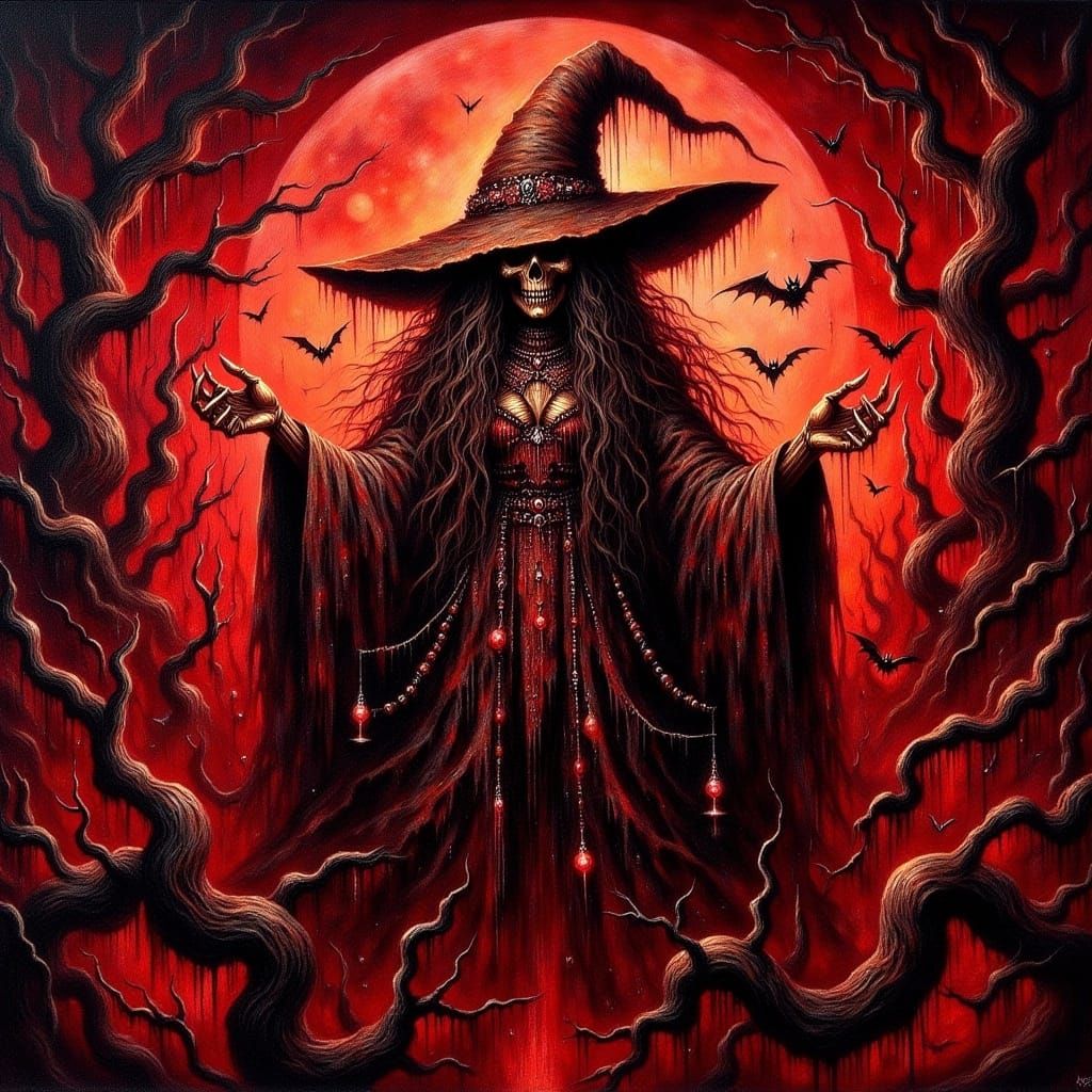 Red and Gold Witch of Winchester: Dark Fantasy Art