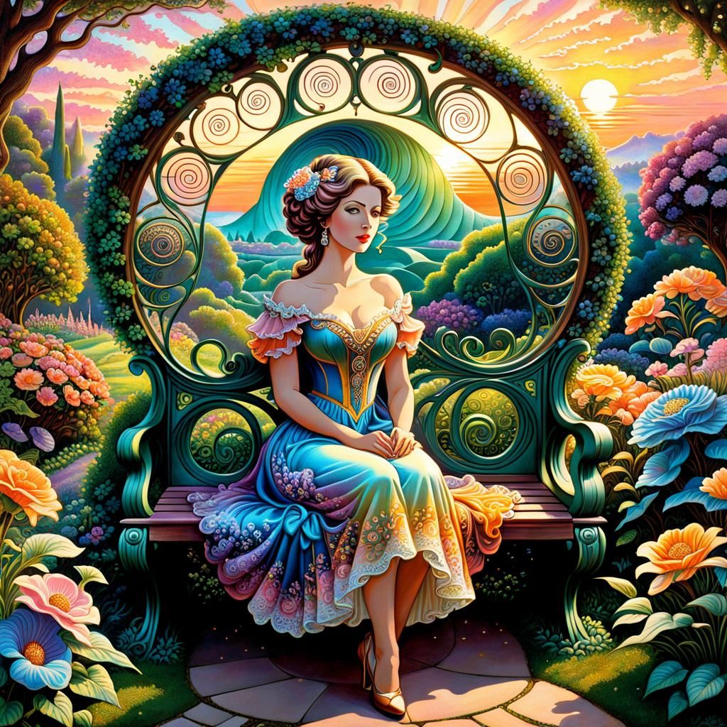 Woman in a beautiful surreal garden