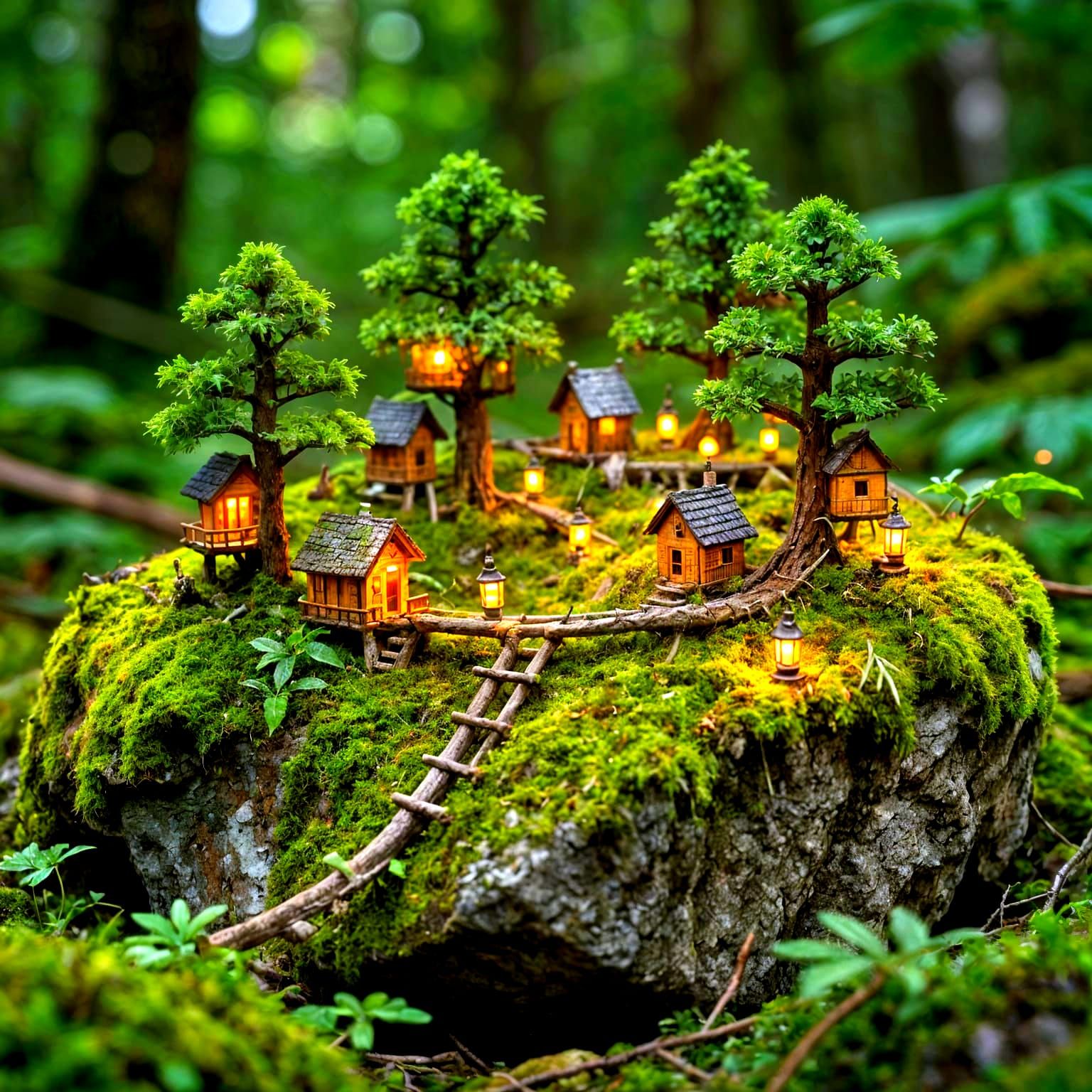 Mossy Rock Reveals Tiny Forest Village With Glowing Lanterns
