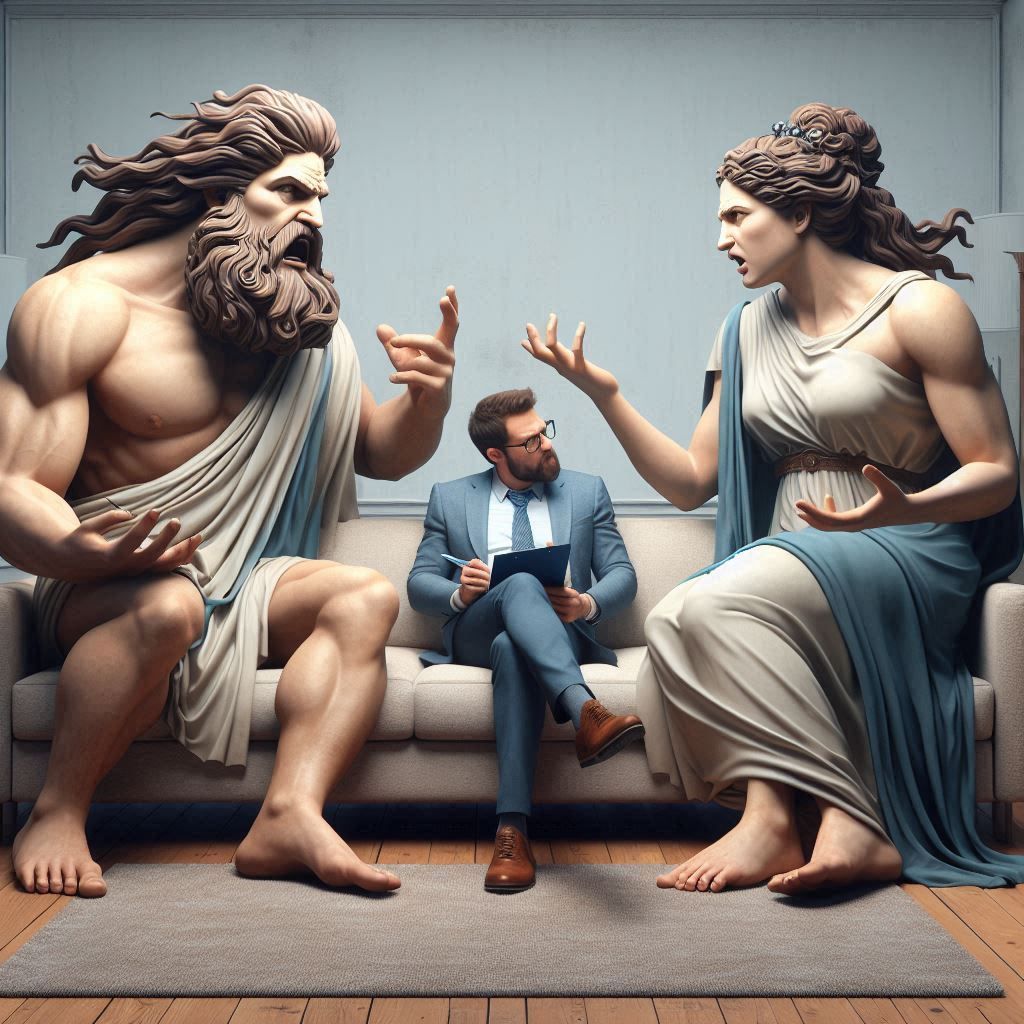 Zeus and Hera in couples therapy   by @Dulcinea