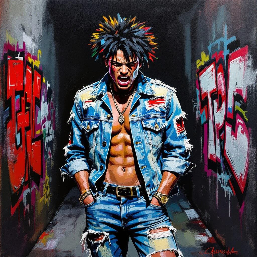 Enraged Person in Urban Alley, Basquiat-Style