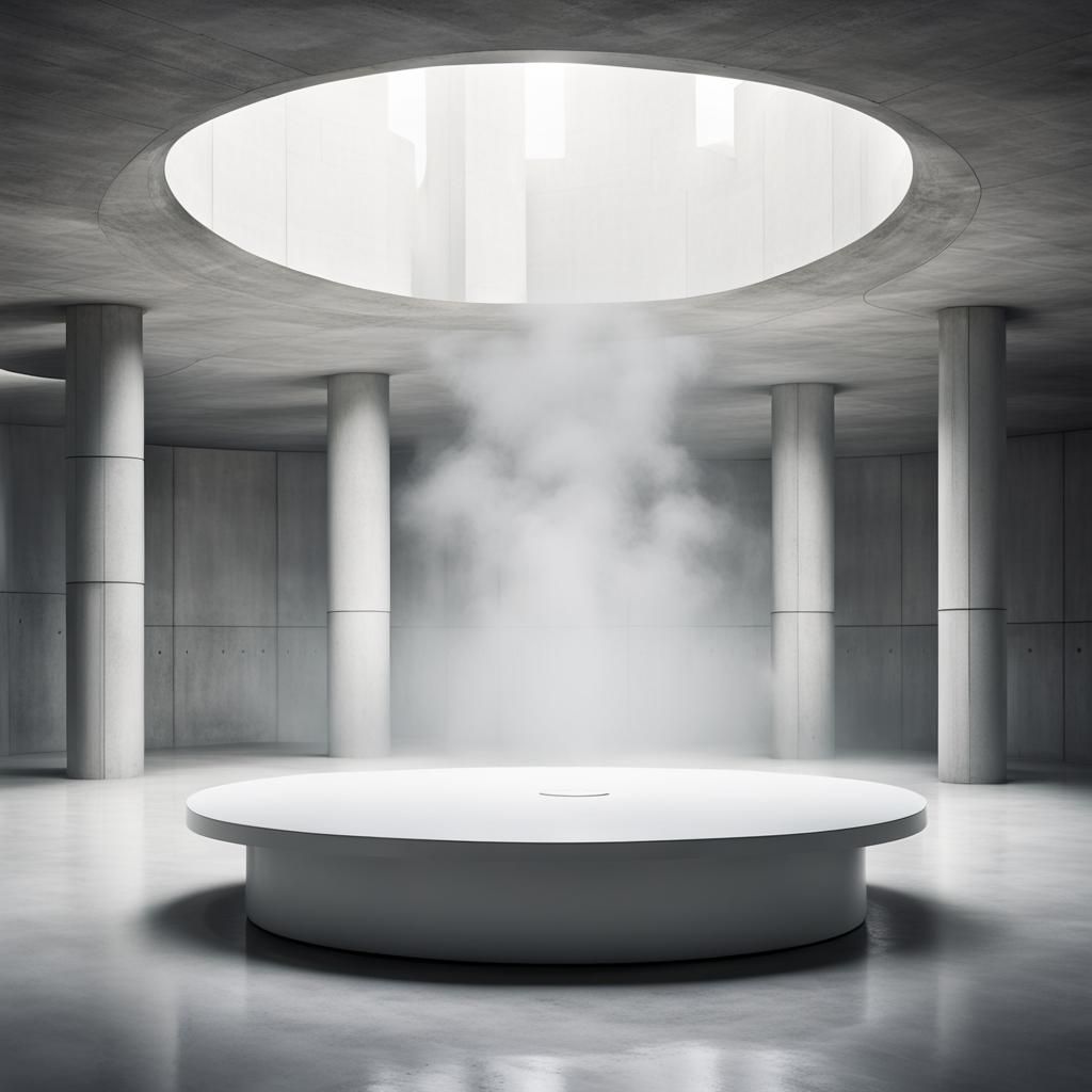White rounded platform at the center, futuristic, in a concr...
