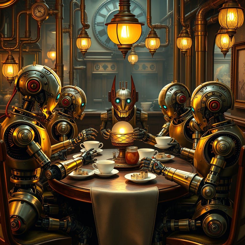 Retro Futuristic Robots Dine At Nightcafe In Warm Ai Art