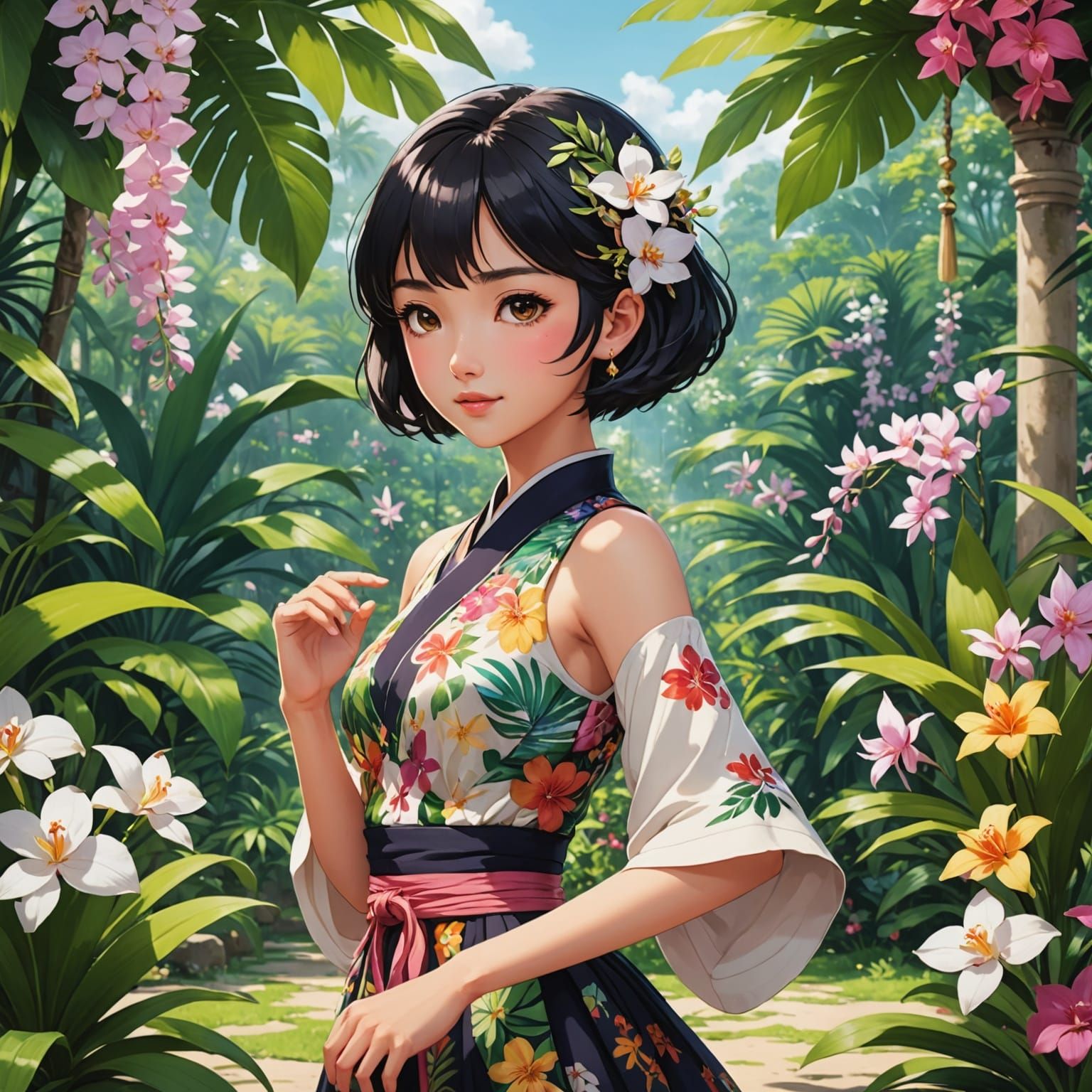 Thai Woman Dances in Tropical Anime Garden