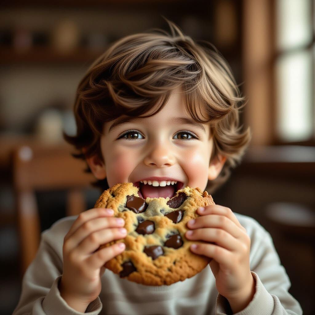 Boy Eating Giant Cookie Realistic Portrait