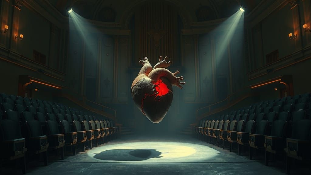 "Silent Symphony of Pain": A darkened concert hall with an e...