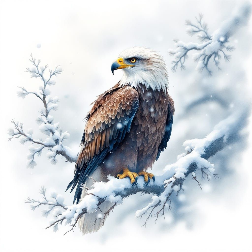 "Visualize a splashy watercolour whimsical (Snowy winterscape eagle on branch). Stylistic influences ...  by @ENG HHT