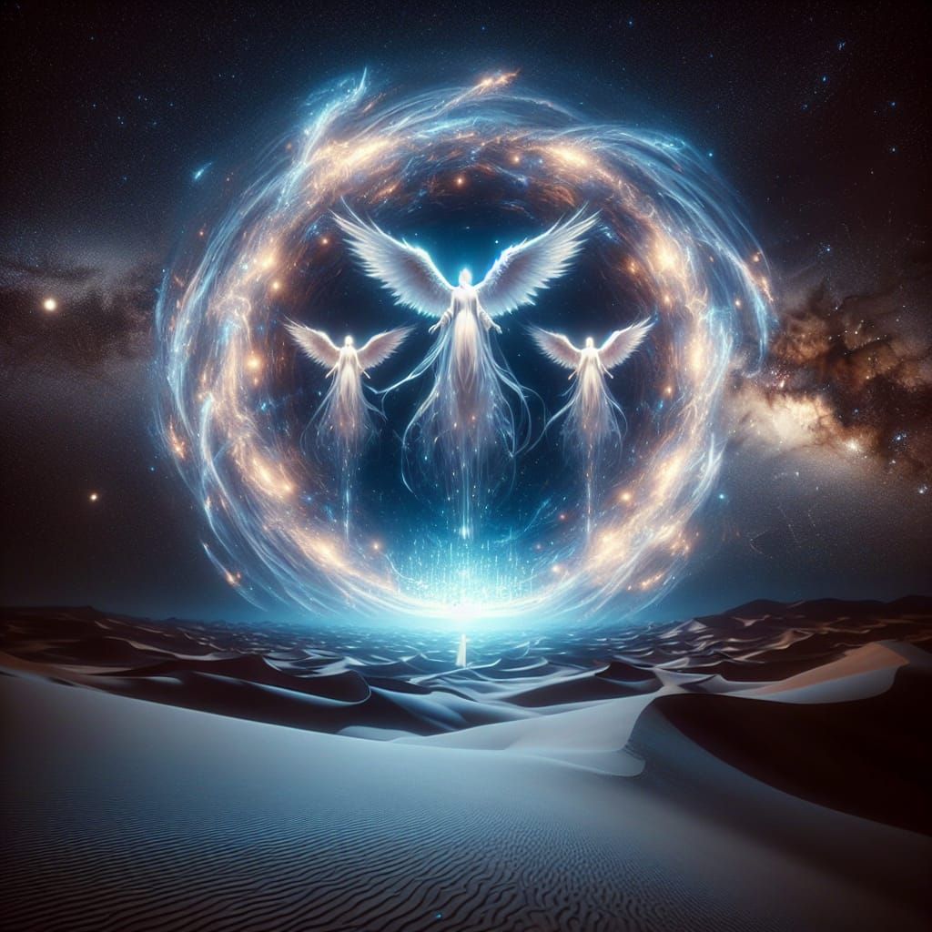 a group of 3 ethereal Archangels descending from a blindingl...