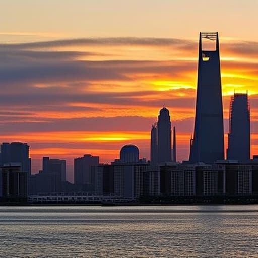 City skyline across the water at sunset