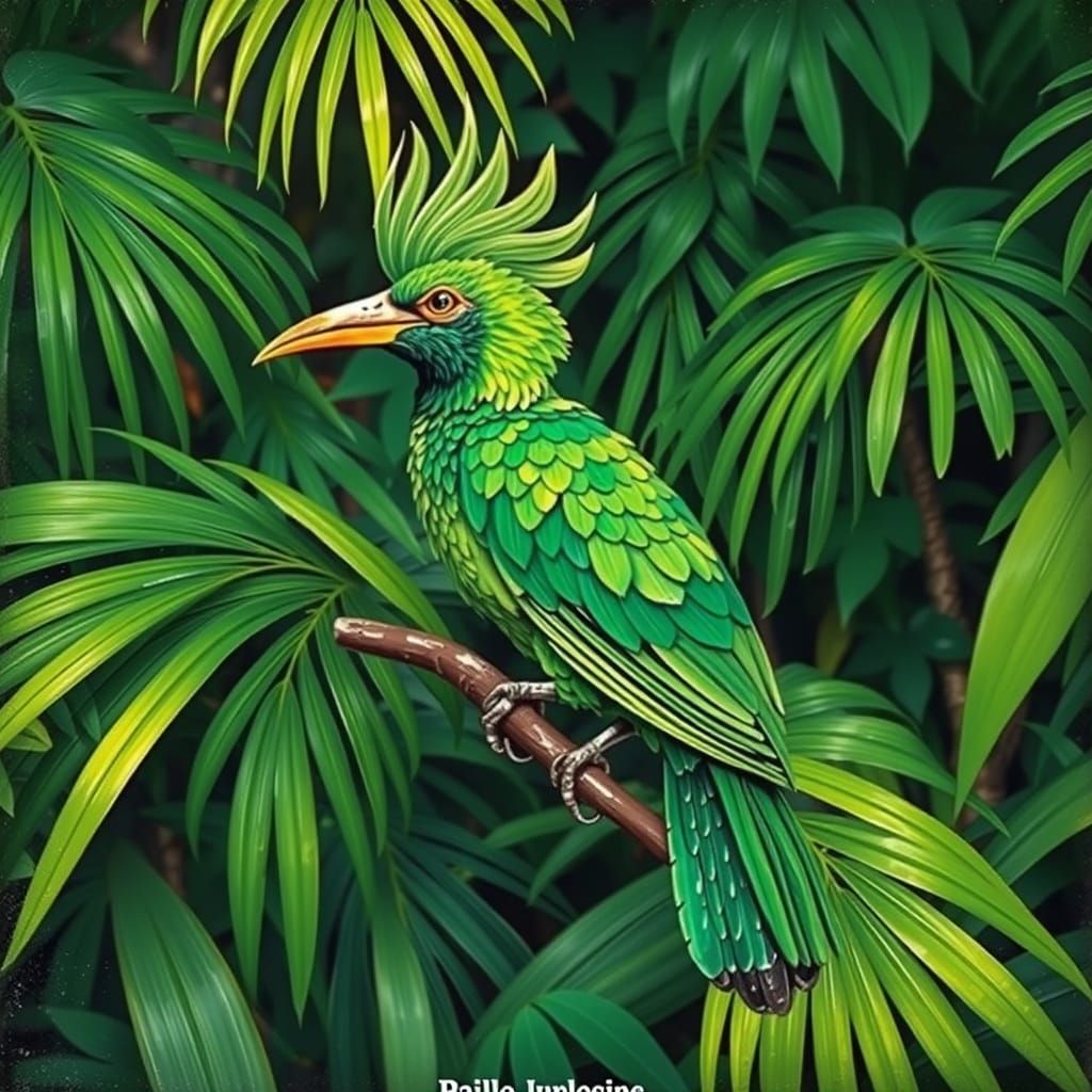 Green Bird Sculpture in Lush Jungle, Impressionist Style
