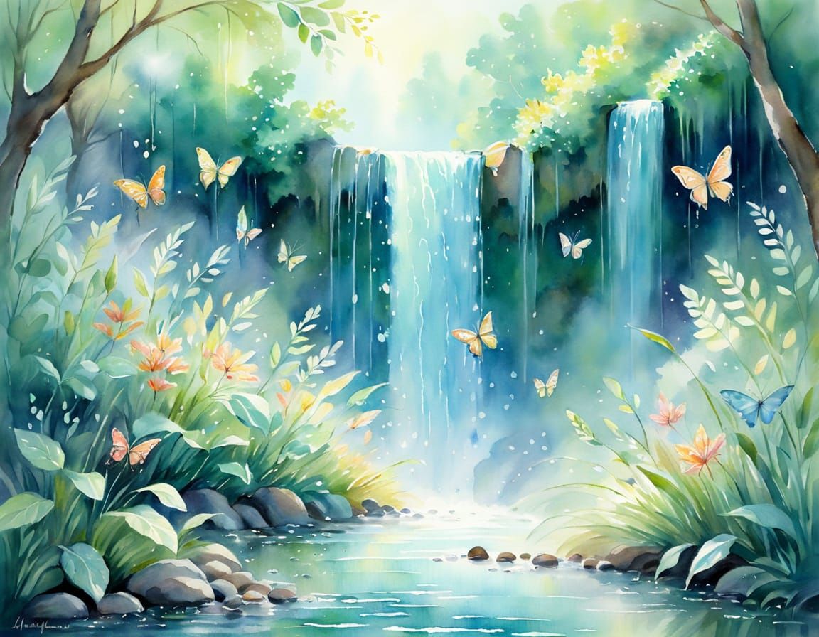 water color painted soft textured  waterfall  gentle trees and beautiful delicate  flora illuminated ...  by @Sumikokeel
