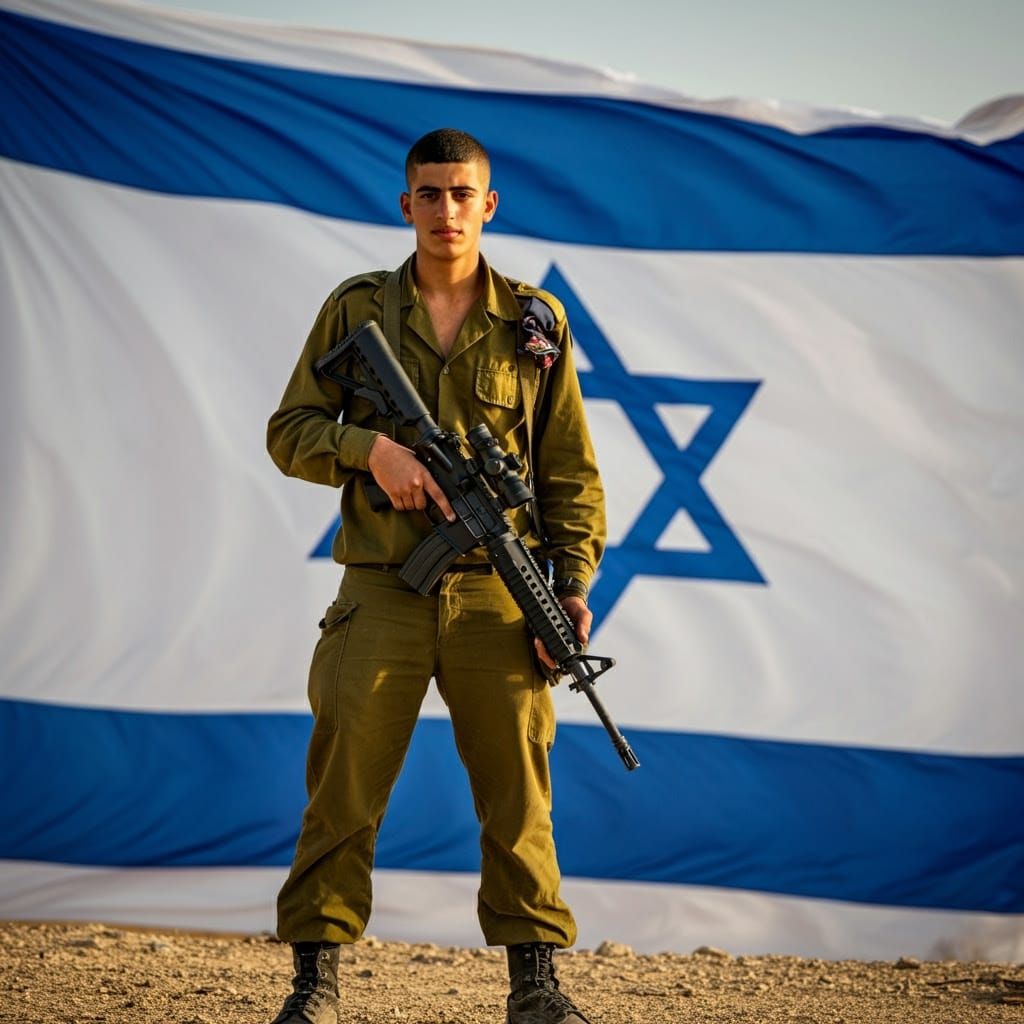 Israeli Soldier Standing Tall in Desert Landscape