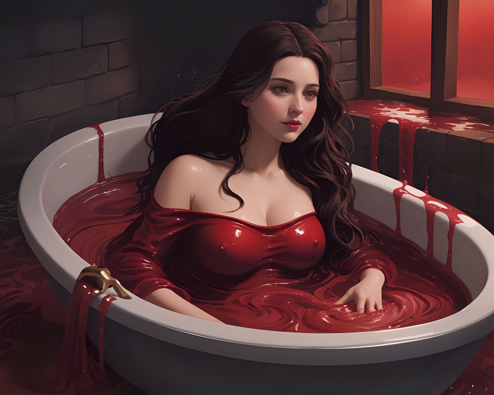 A tight red dress or a bathtub full of blood?