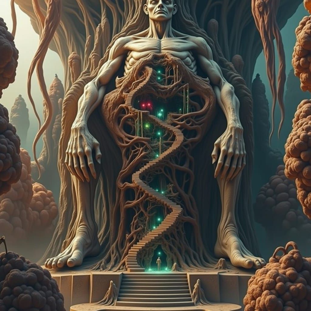 <lora:DistortedImagination:1.0> colossal Demonic Lich, with a cutaway revealing the inside structure like a optical illusion building inspir...