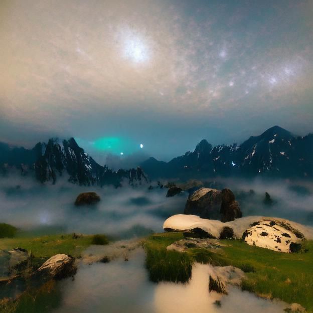 Misty mountains on a cloudy night