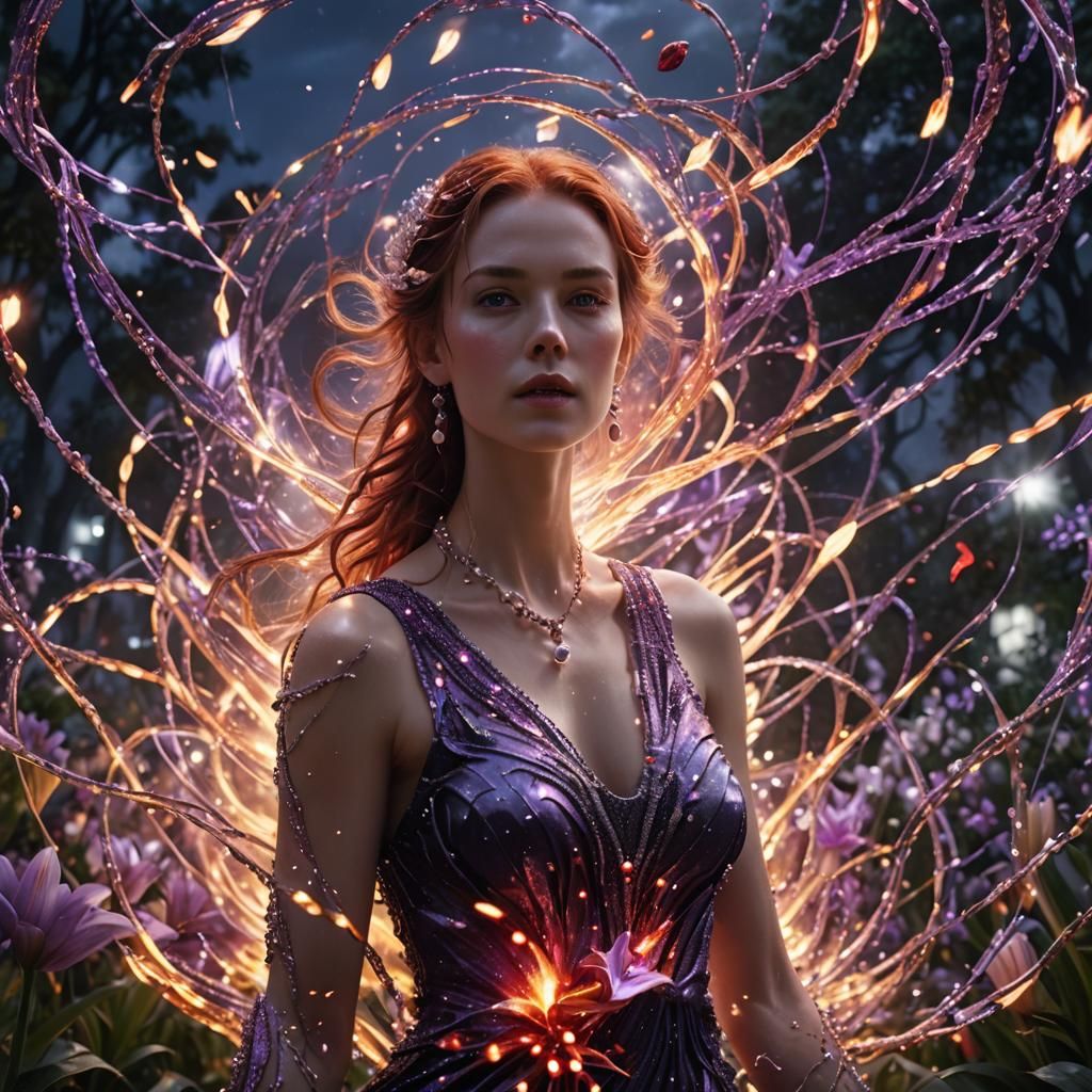 Woman in pearls A galactic vortex with thousands of red, sil...