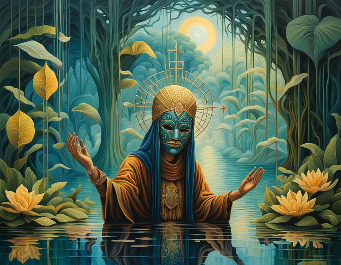 A beautiful masked oracle seated in front of a reflecting po...