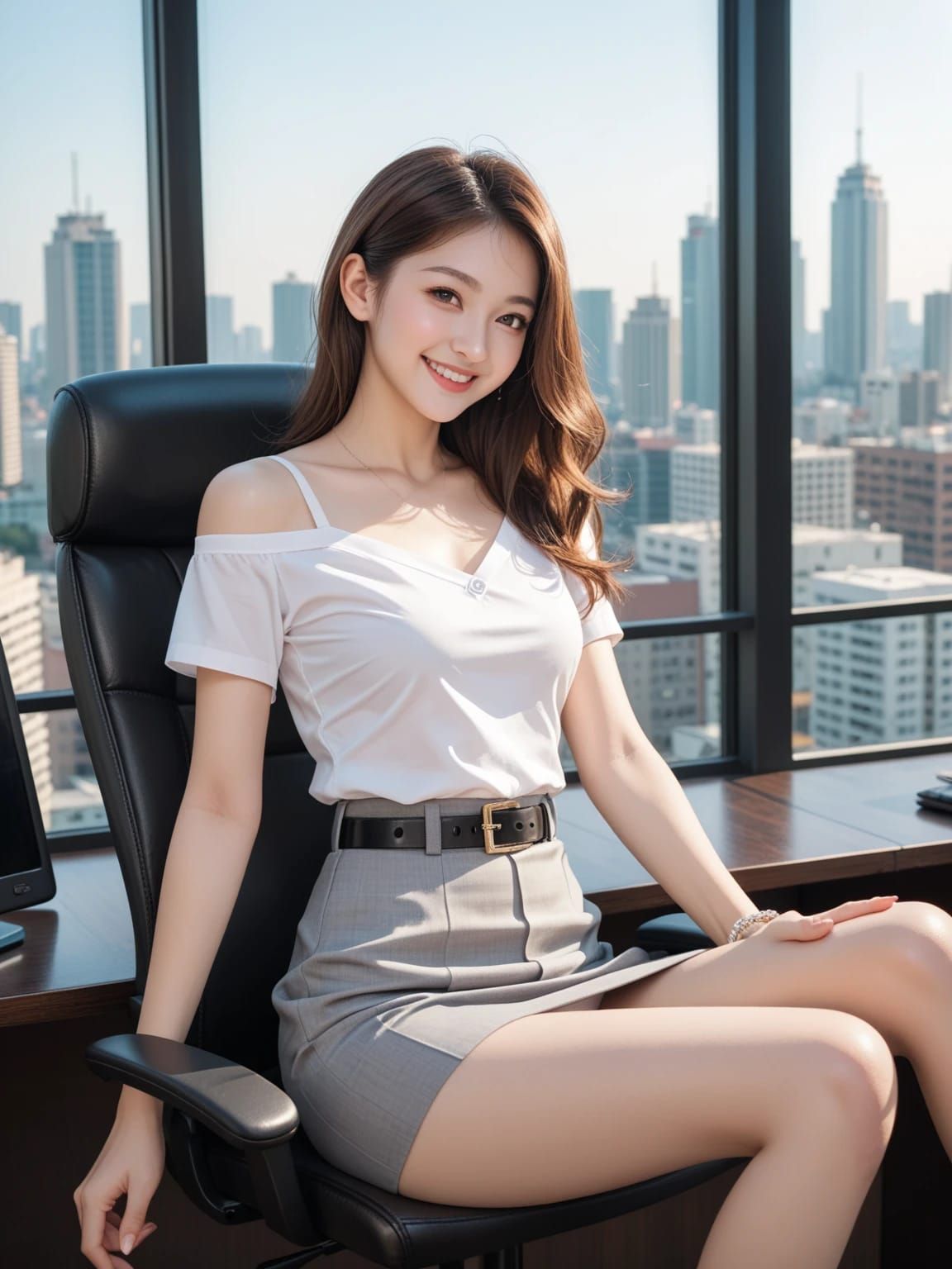 Office Lady in white shirt and grey skirt