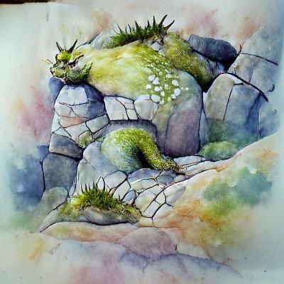 Chubby moss dragon amid rocks. Watercolor
