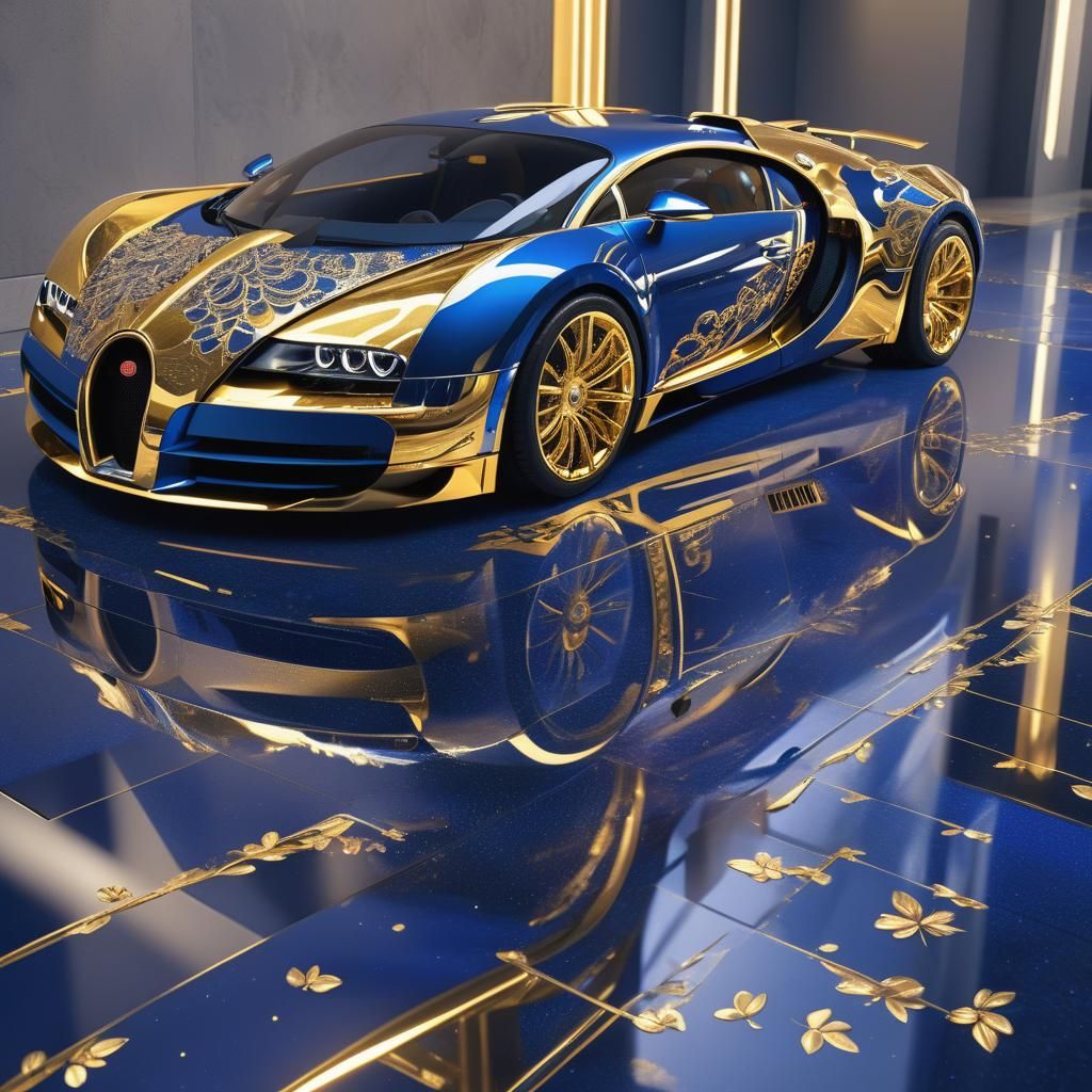 closeeup of a futuristic auto, half bugati, half lamborghini. royal blue and gold color.with aluminum ...  by @Taino114
