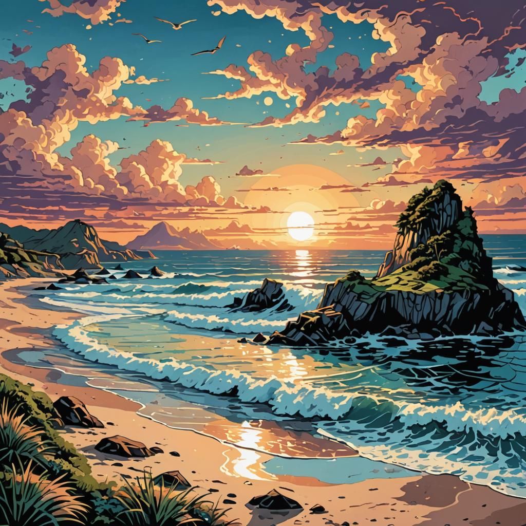 Paint-by-numbers kit featuring a serene beach sunset.