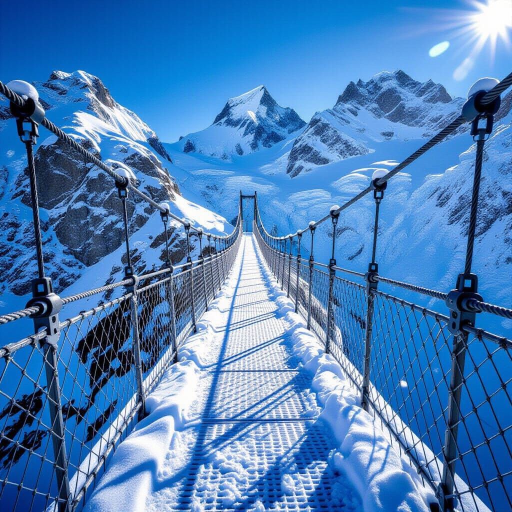 Snowy Suspension Bridge in the High Alps