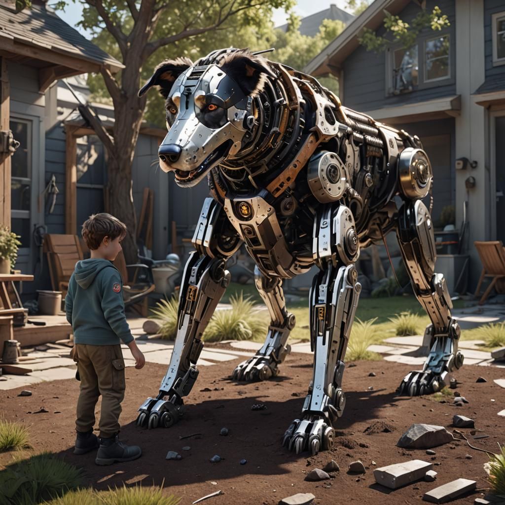 boys building a cyborg 4-legged collie dog playing in backya...