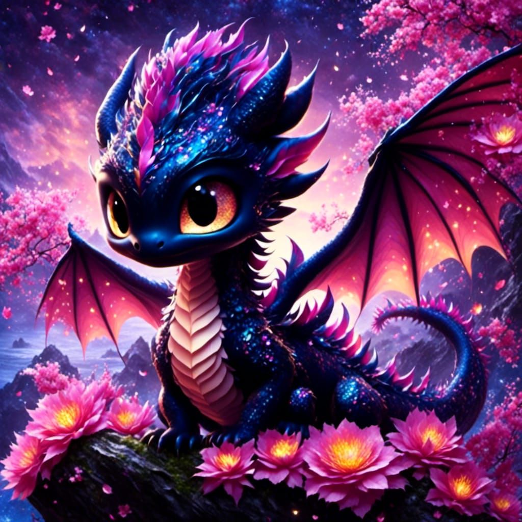(adorably beautiful black fullbody Toothless dragon:1.3) from HTTYD, beautiful cliff meeting the ocean at night, beautiful dark blue sky, be...