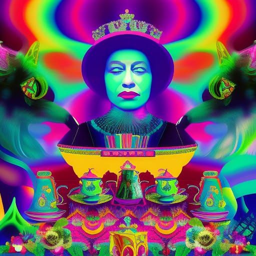 The queen’s tea party psychedelic art colorful psychedelic dreamcore ...