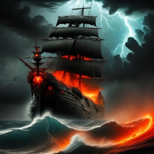 <lora:WreckedShips:1.0> Heavy waves with pirate ship on fire, tentacles coming from the sky seeming wanting to grab the boat in the far dist...