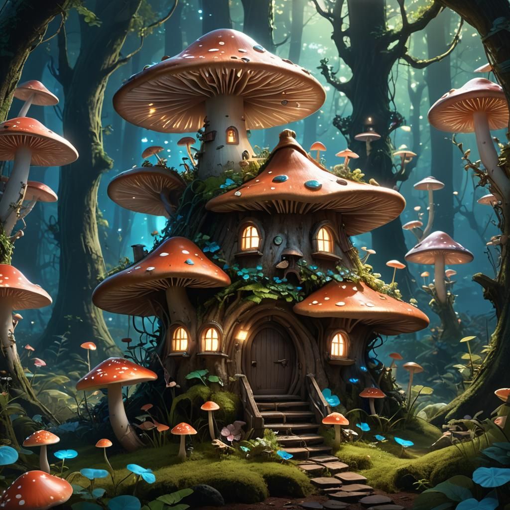 A fairy mushroom house in an enchanted bioluminescent forest...