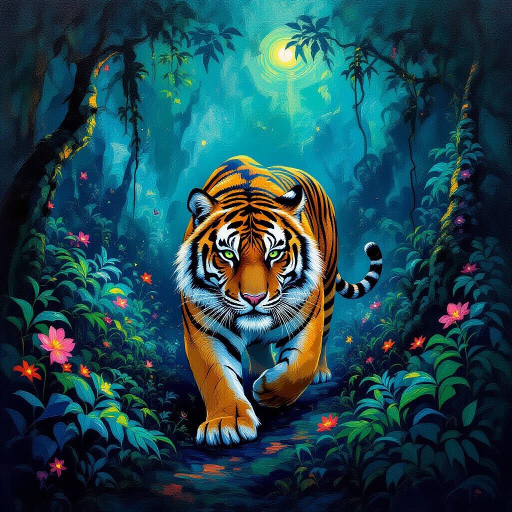 A majestic tiger, rendered in the style of impasto oil painting, prowls through a bioluminescent jungle at twilight. Strange, alien flora gl...