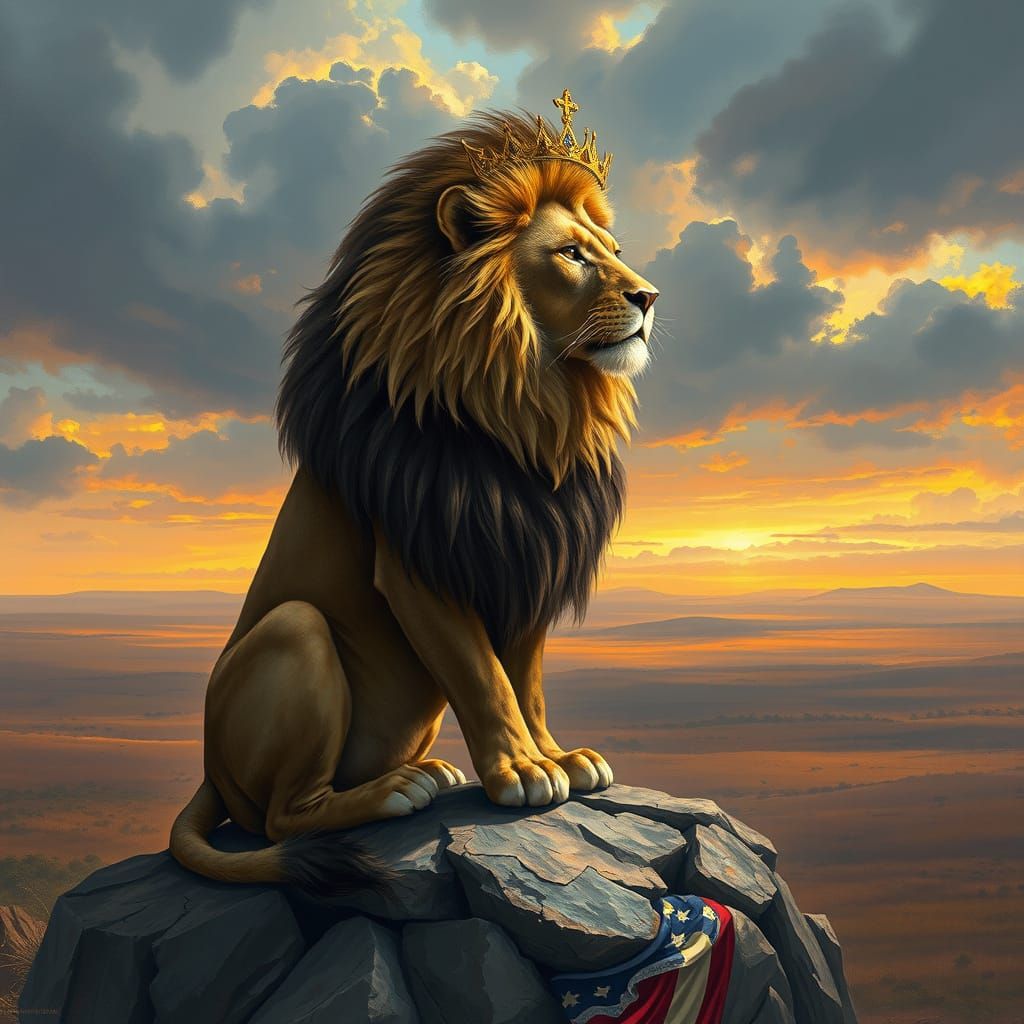 Regal Lion in Golden Crown, Romantic Savannah Landscape