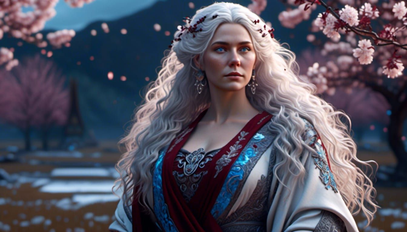 <lora:Mystical Fantasy:1.0>  caucasian woman, curvy, long wavy white hair with dark red lowlights, pale blue eyes, pale skin, aristocratic f...