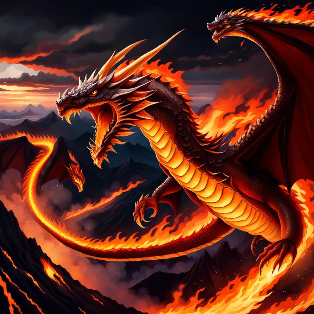 An fire snake dragon, flying over a volcano - AI Generated Artwork ...