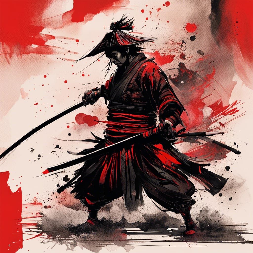 samurai with sword in hand in red and black ink, smudging, wet paint ...