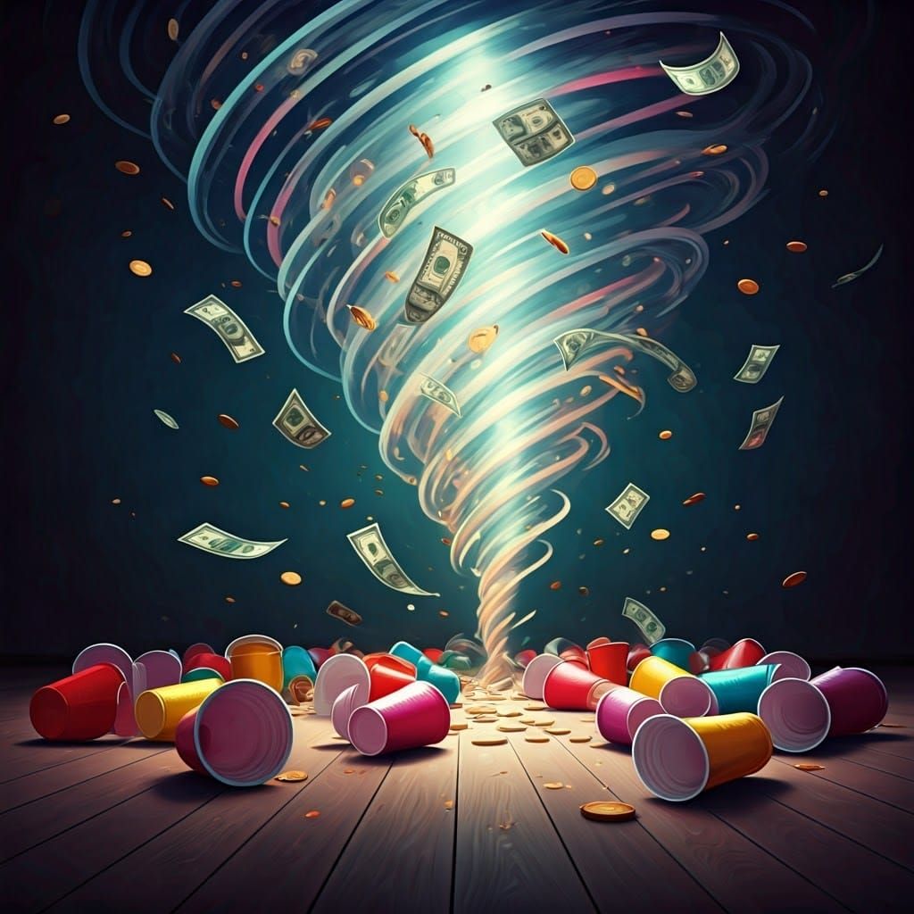 Vibrant Party Scene with Scattered Cups and Coins