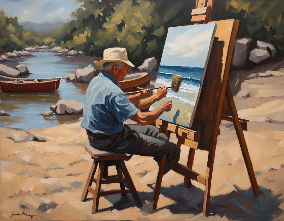 oil painting of an artist, painting a painting
