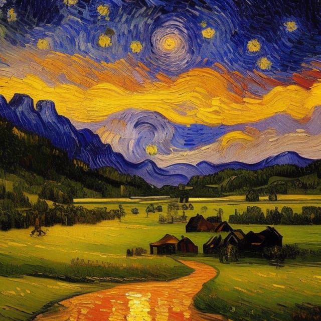 Van Gogh's Starry Night painting in warm colours with a small town  by @Red Butterfly Demon