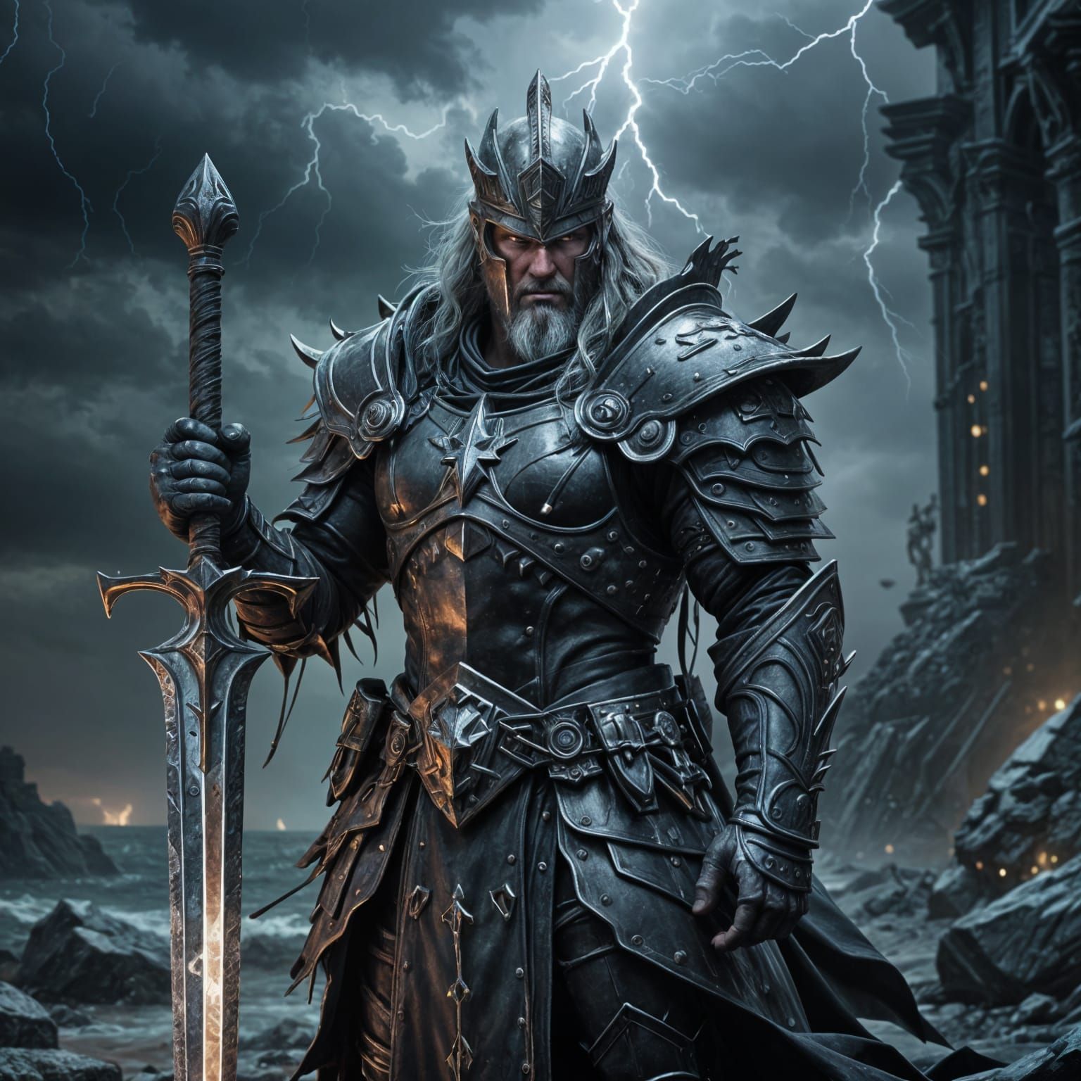 A majestic, ancient god, perhaps Zeus or Odin, depicted with a fusion of gothic architecture and futuristic technology, commands a storm ove...