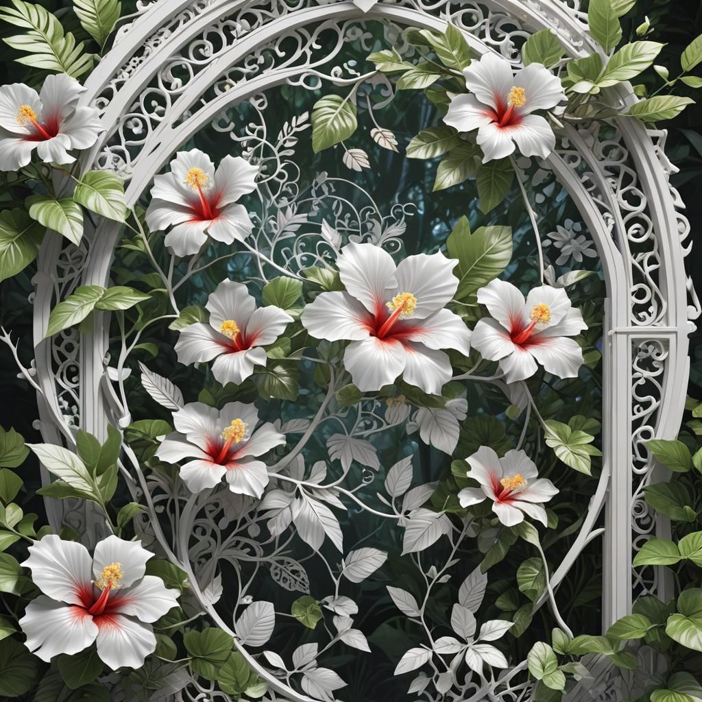 White Filigree hibiscus portal iridescent lace jungle chamel...